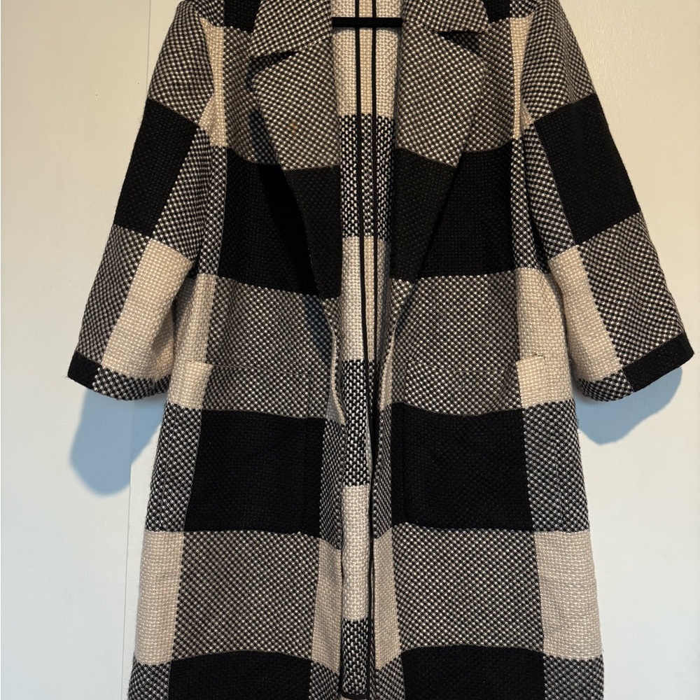Black and White Wool Checkered Pea Coat